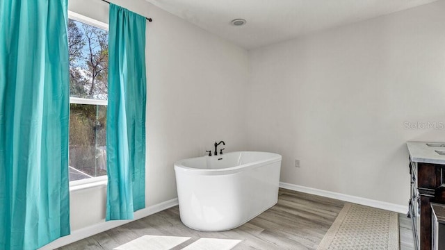 bathroom with vanity, hardwood / wood-style floors, and a bath