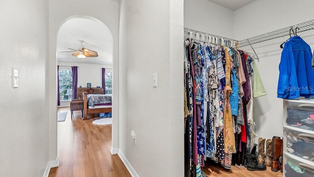 walk in closet with wood-type flooring and ceiling fan