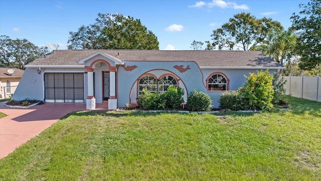 ranch-style house with a garage and a front lawn