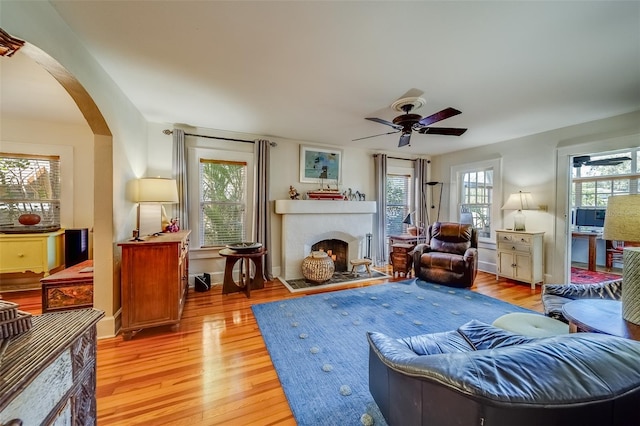 living room with ceiling fan, a healthy amount of sunlight, and light wood-type flooring