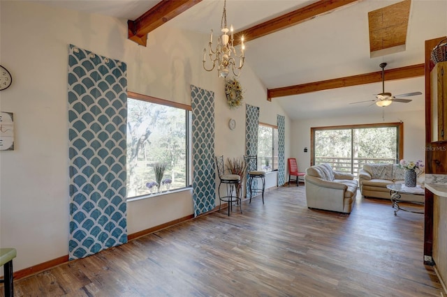 living area featuring baseboards, high vaulted ceiling, wood finished floors, and beamed ceiling