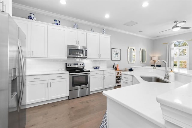 kitchen with dark hardwood / wood-style floors, stainless steel appliances, ornamental molding, sink, and white cabinetry