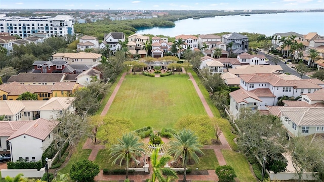 bird's eye view with a water view