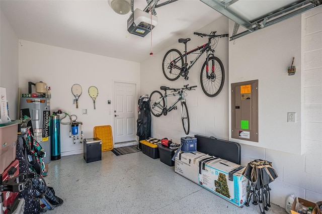 garage featuring a garage door opener, electric panel, and electric water heater