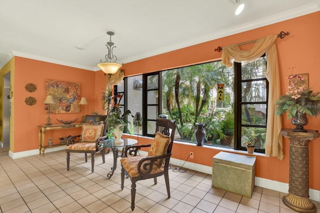 living area featuring crown molding and light tile patterned floors