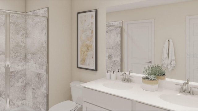 bathroom featuring vanity, toilet, and an enclosed shower