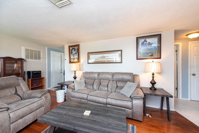 living room featuring hardwood / wood-style floors and a textured ceiling