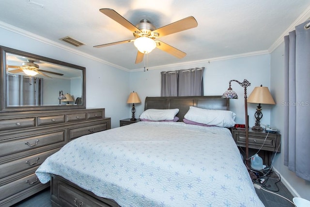 bedroom with ceiling fan and ornamental molding