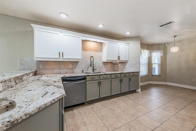 kitchen with backsplash, white cabinetry, dishwasher, pendant lighting, and sink