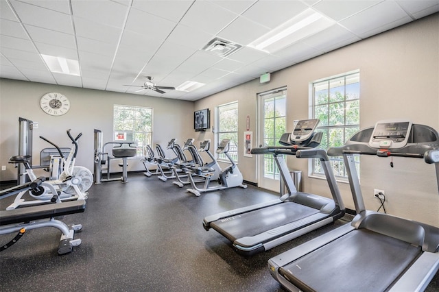 gym featuring a drop ceiling and ceiling fan