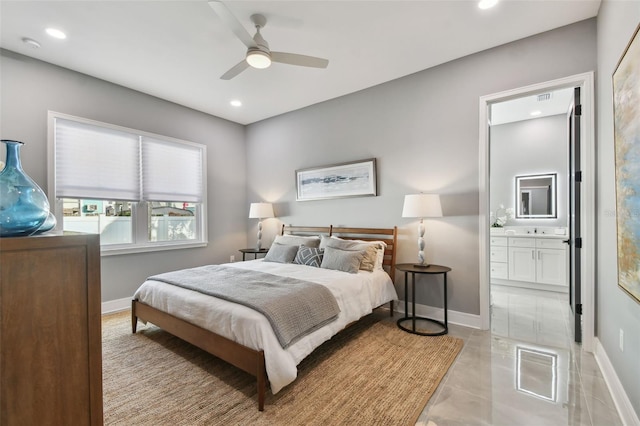 bedroom featuring connected bathroom and ceiling fan