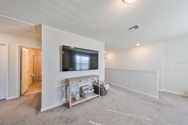 living room featuring a textured ceiling and light colored carpet