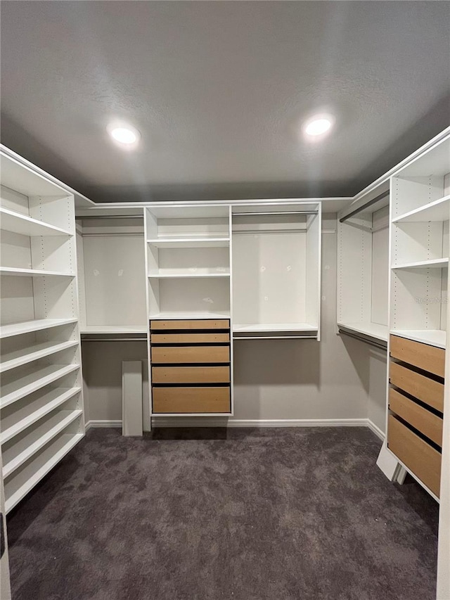 walk in closet with dark colored carpet