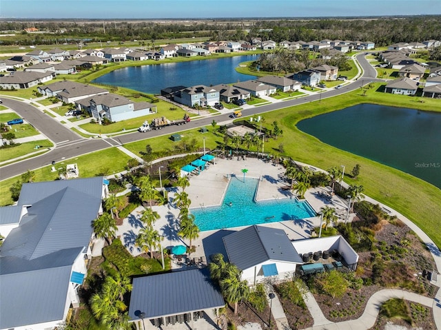 aerial view featuring a water view