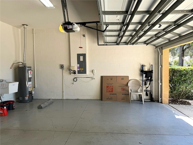 garage featuring a garage door opener, electric panel, and gas water heater