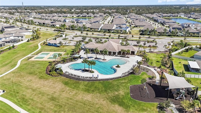 bird's eye view with a water view