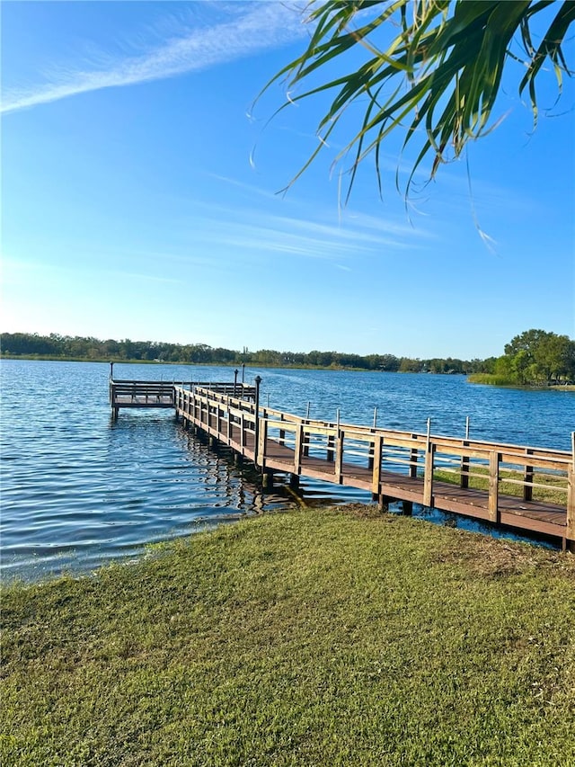 dock area with a water view and a yard