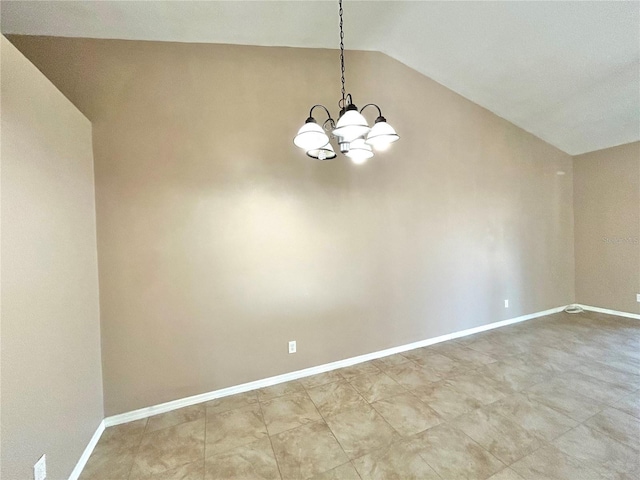 unfurnished room with vaulted ceiling and a chandelier