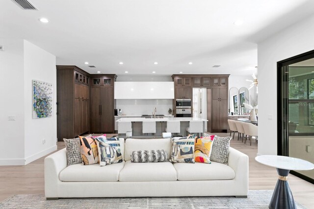 living room featuring sink and light wood-type flooring