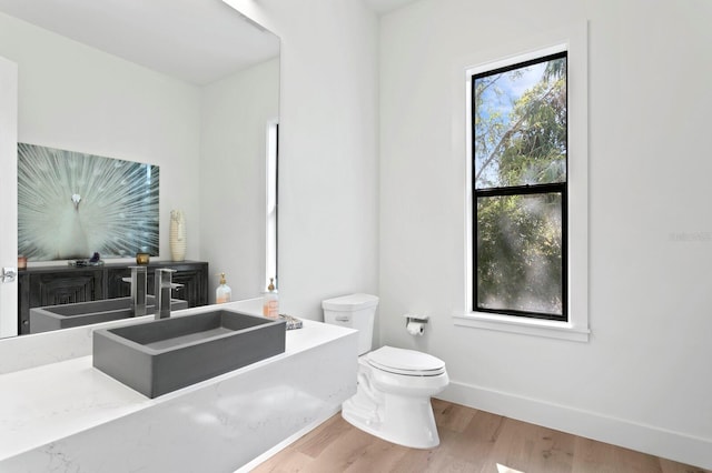 bathroom with vanity, toilet, and hardwood / wood-style floors