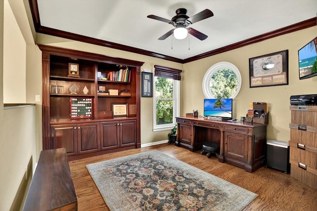 home office with light hardwood / wood-style flooring, ornamental molding, and ceiling fan