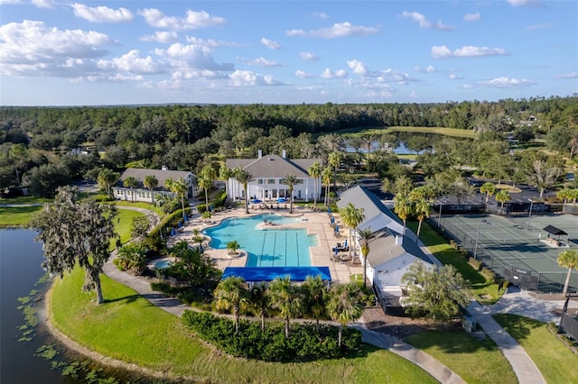 drone / aerial view with a water view