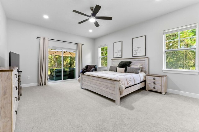 4586 Hickory Oak Dr, Brooksville, FL 34601 - bedroom featuring access to outside, light colored carpet, baseboards, recessed lighting, and a ceiling fan