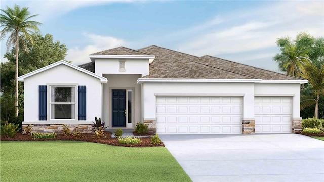 view of front of home with a garage and a front lawn