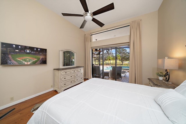 bedroom with hardwood / wood-style floors, vaulted ceiling, access to exterior, and ceiling fan