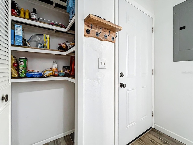 interior space with electric panel and dark wood-type flooring