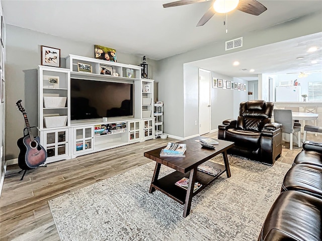 living room with ceiling fan and wood-type flooring