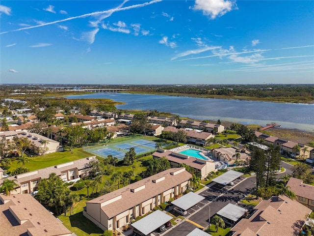 drone / aerial view with a water view