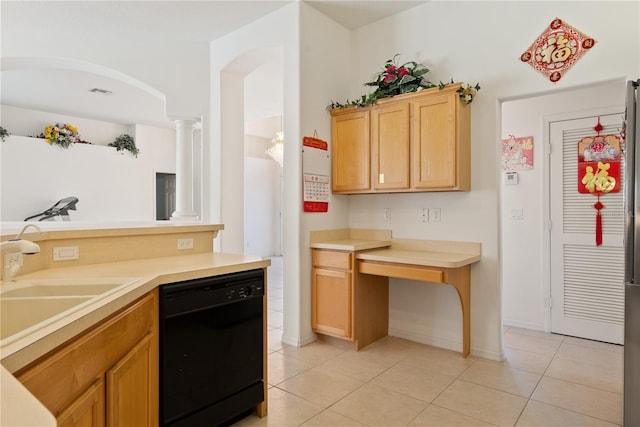 kitchen featuring dishwasher, light brown cabinets, sink, decorative columns, and light tile patterned floors