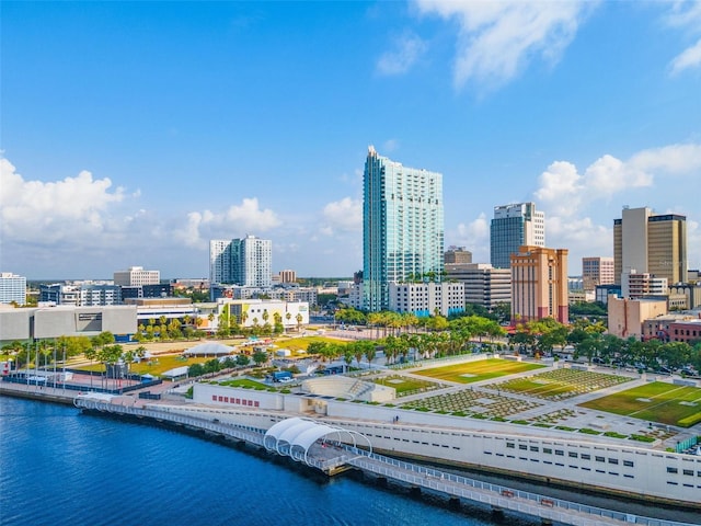 property's view of city featuring a water view