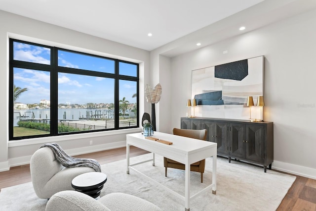 office space with hardwood / wood-style flooring and a water view