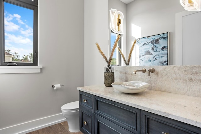 bathroom featuring vanity, toilet, and hardwood / wood-style floors