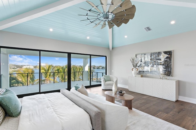 bedroom featuring wood-type flooring, vaulted ceiling with beams, access to exterior, and ceiling fan