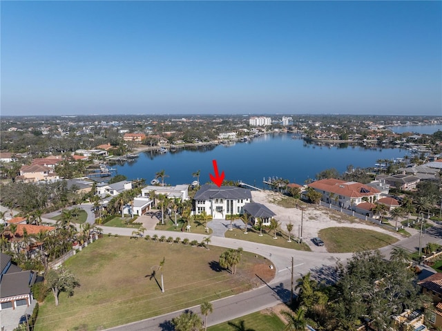 aerial view featuring a water view