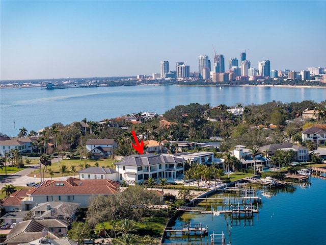 drone / aerial view featuring a water view