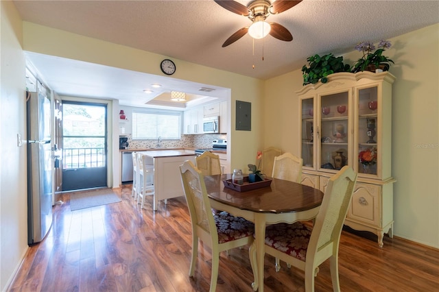 dining space with hardwood / wood-style floors, a textured ceiling, sink, and ceiling fan