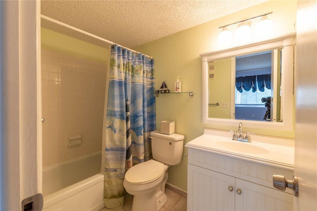 90 S Highland Ave Unit 1115, Tarpon Springs, FL 34689 - bathroom featuring a textured ceiling, toilet, tile patterned floors, shower / bathtub combination with curtain, and vanity