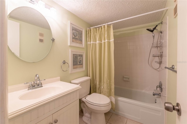 full bathroom featuring shower / tub combo, a textured ceiling, toilet, tile patterned floors, and vanity