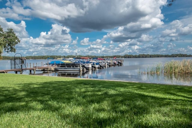 dock area featuring a lawn and a water view