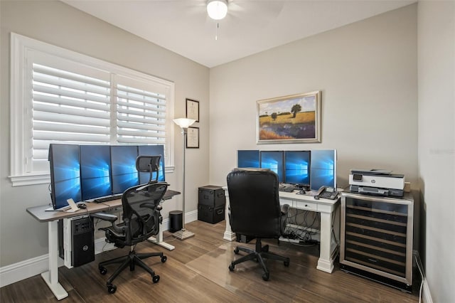 339 55th Ave, St Pete Beach, FL 33706 - office area with wine cooler, wood finished floors, baseboards, and ceiling fan