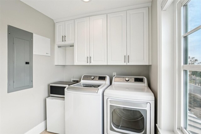 339 55th Ave, St Pete Beach, FL 33706 - laundry room with washer and clothes dryer, electric panel, cabinet space, and baseboards
