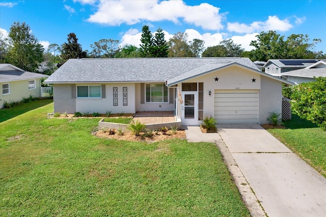 single story home with a front lawn and a garage