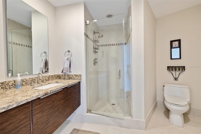 bathroom with vanity, walk in shower, toilet, and tile patterned floors