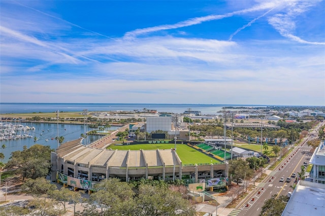 birds eye view of property featuring a water view