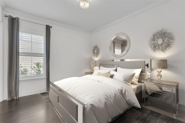 bedroom with ornamental molding and dark hardwood / wood-style flooring