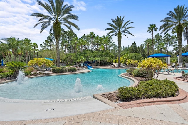 view of pool featuring a patio area and pool water feature